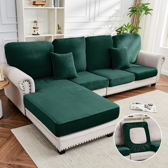 Sanmadrola Couch Covers Velvet Sofa Cushion Cover Stretch Machine Washable Universal Slipcover Furniture Protector for Couches Sectional Sofas, Blackish Green