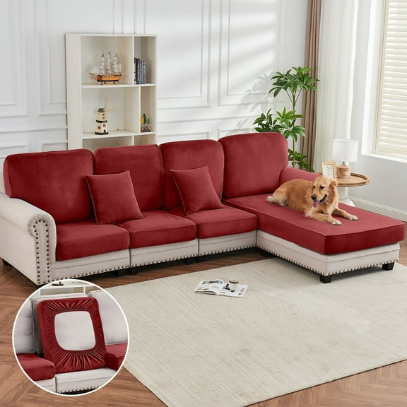 Sanmadrola Couch Covers Velvet Sofa Cushion Cover Stretch Machine Washable Universal Slipcover Furniture Protector for Couches Sectional Sofas, Christmas Red