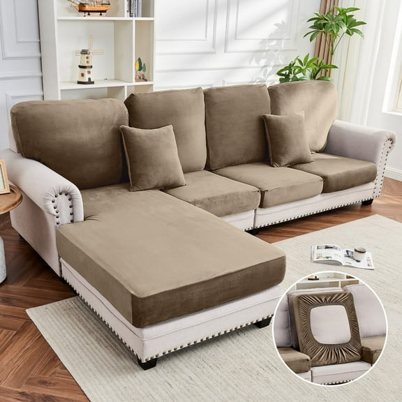 Sanmadrola Couch Covers Velvet Sofa Cushion Cover Stretch Machine Washable Universal Slipcover Furniture Protector for Couches Sectional Sofas, Leather color