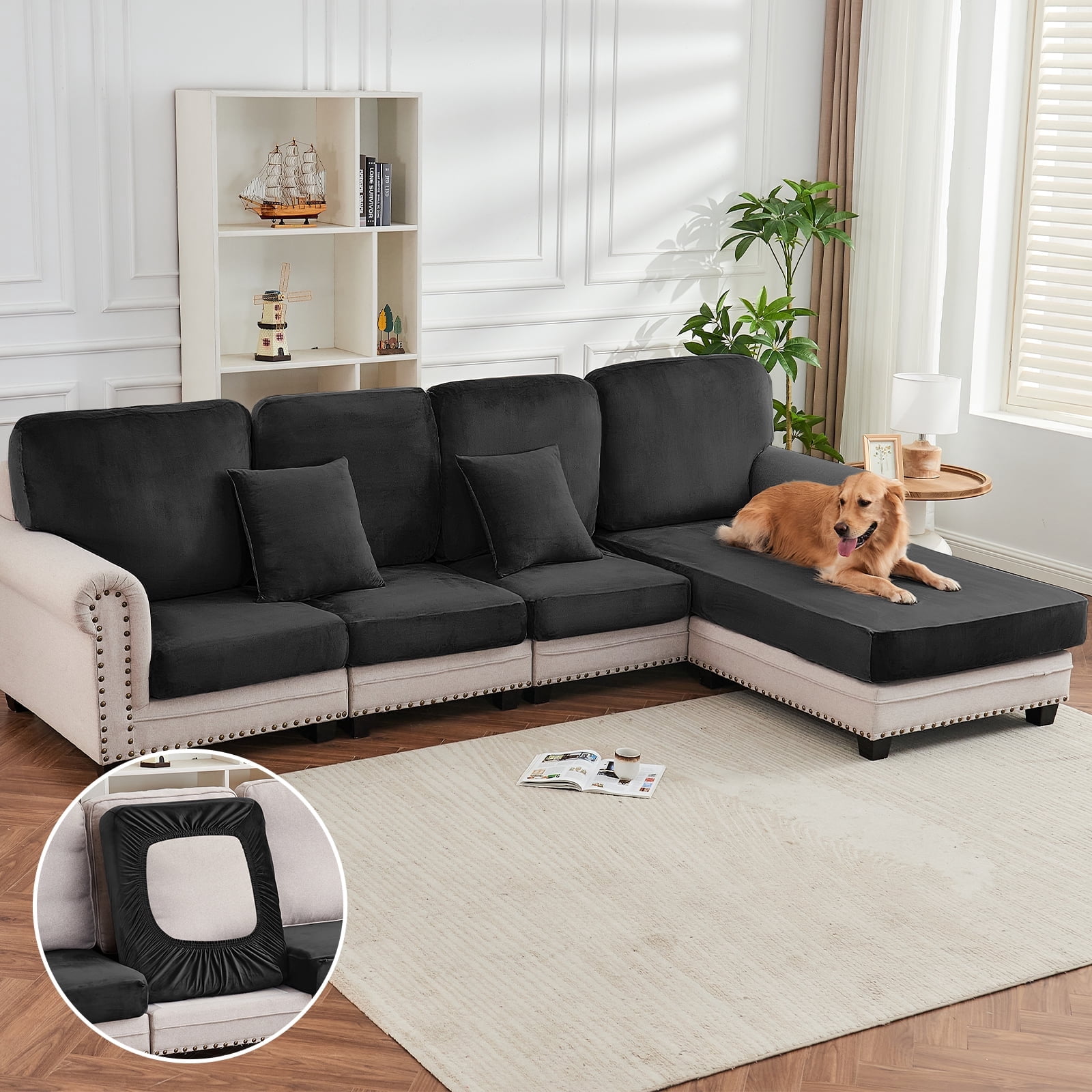 Sanmadrola Couch Covers Velvet Sofa Cushion Cover Stretch Machine Washable Universal Slipcover Furniture Protector for Couches Sectional Sofas, Black