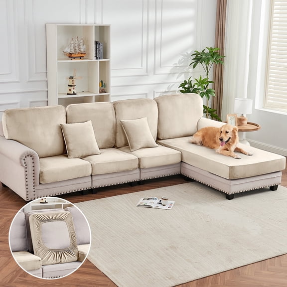 Sanmadrola Couch Covers Velvet Sofa Cushion Cover Stretch Machine Washable Universal Slipcover Furniture Protector for Couches Sectional Sofas, Cream