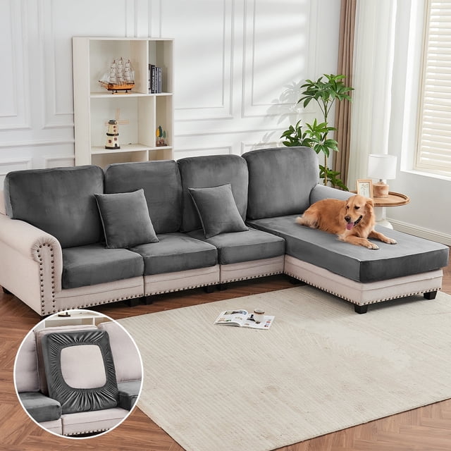 Sanmadrola Couch Covers Velvet Sofa Cushion Cover Stretch Machine Washable Universal Slipcover Furniture Protector for Couches Sectional Sofas, Gray