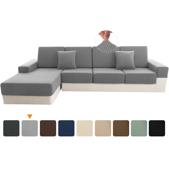 Sanmadrola Waterproof Couch Cushion Cover for Sectional Sofa,Slipcover Stain Resistant High Elasticity Wear-Resistant Striped Sofa Cover,Light Grey Back Couch Cover M for Furniture, Children, Pets
