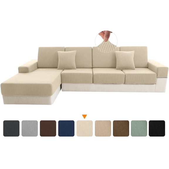 Sanmadrola Waterproof Couch Cushion Cover for Sectional Sofa,Slipcover Stain Resistant High Elasticity Wear-Resistant Striped Sofa Cover,Natural Color Back Couch Cover M for Furniture, Children, Pets