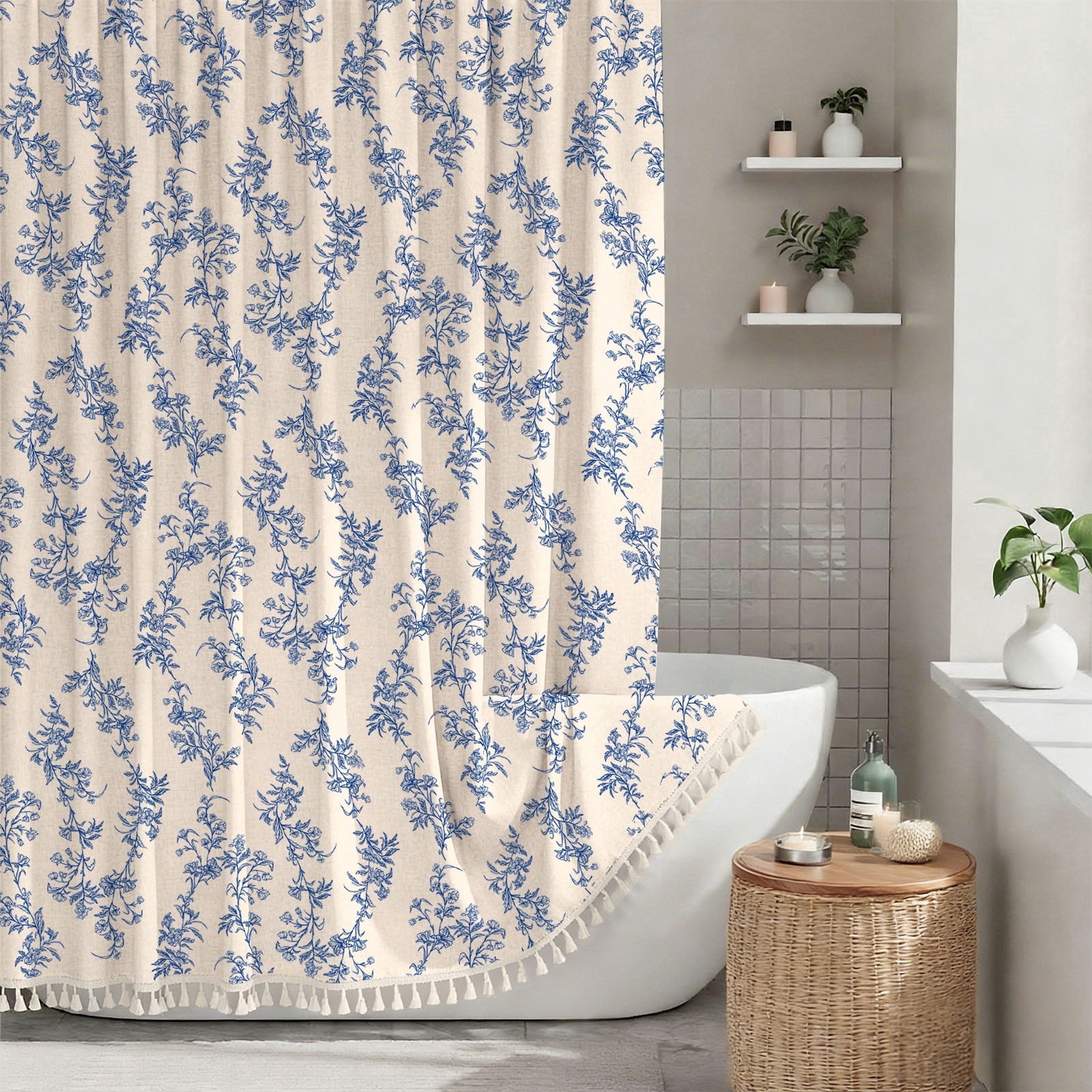 Sanmadrola Dark Blue Shower Curtain Floral Plant Shower Curtain Set with Tassels, Heavy Duty Faux Cotton Linen Cottagecore Boho Vintage Rustic Shower Curtains with Hooks for Bathroom Decor, 72x72 in