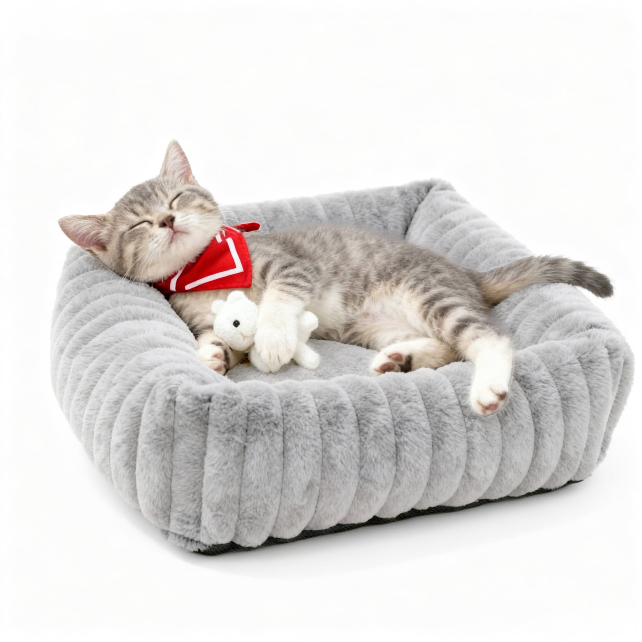 Sanmadrola Cat Bed for Indoor Cats Furry Corduroy Fleece Orthopedic Pet Bed Sofa Removable Washable Cover Non Skid Bottom, Grey
