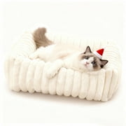 Sanmadrola Cat Bed for Indoor Cats Furry Corduroy Fleece Orthopedic Pet Bed Sofa Removable Washable Cover Non Skid Bottom, White