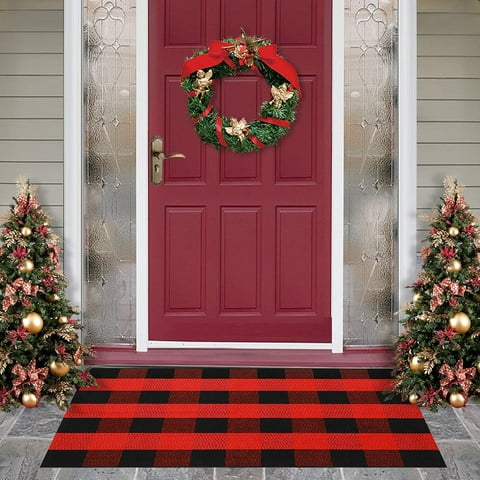 Sanmadrola Doormat 24''x36'' Cotton Buffalo Plaid Rug Black and Red Check Rugs Hand-Woven Indoor or Outdoor Rugs for Layered Door Mats Washable Carpet for Front Porch Kitchen Farmhouse Entryway