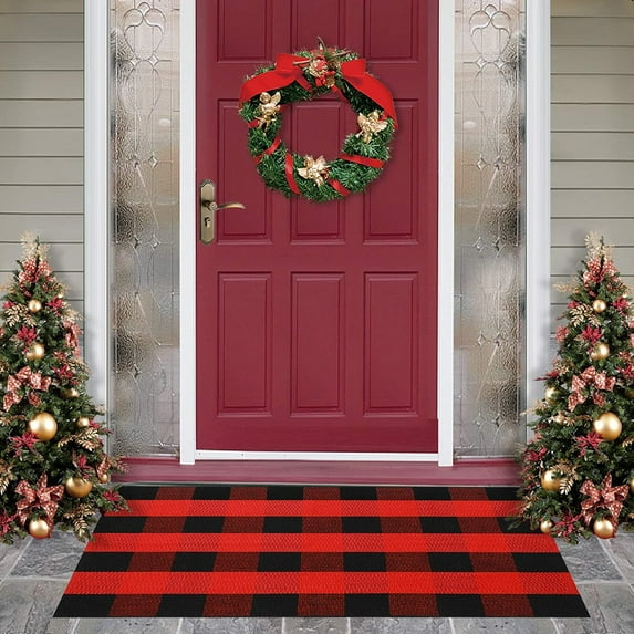 Sanmadrola Doormat Outdoor Indoor Door Mat 27.5''x43'' Welcome Mat Front Door Buffalo Plaid Check Rug Mats for Porch Entry Way Kitchen Farmhouse Outside Black and Red