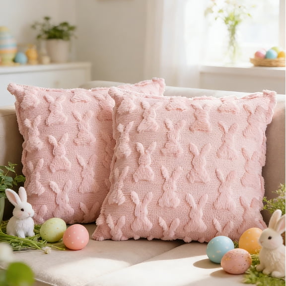 Sanmadrola Easter Pillow Covers 18 x 18 Inch Pack of 2 Luxury Soft Bunny Rabbit Pattern Decorative Throw Pillowcases for Happy Easter Spring Holiday Decor Home Party Sofa Couch