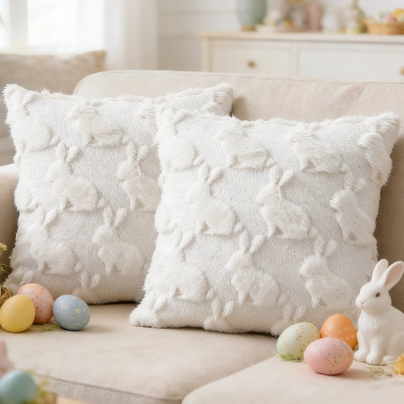 Sanmadrola Easter Pillow Covers 18 x 18 Inch Pack of 2 Luxury Soft Bunny Rabbit Pattern Decorative Throw Pillowcases for Happy Easter Spring Holiday Decor Home Party Sofa Couch