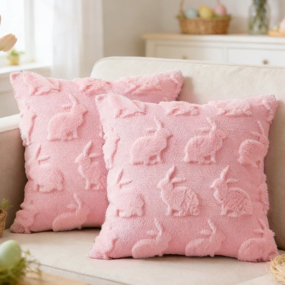 Sanmadrola Easter Pillow Covers 18 x 18 Inch Pack of 2 Luxury Soft Bunny Rabbit Pattern Decorative Throw Pillowcases for Happy Easter Spring Holiday Decor Home Party Sofa Couch