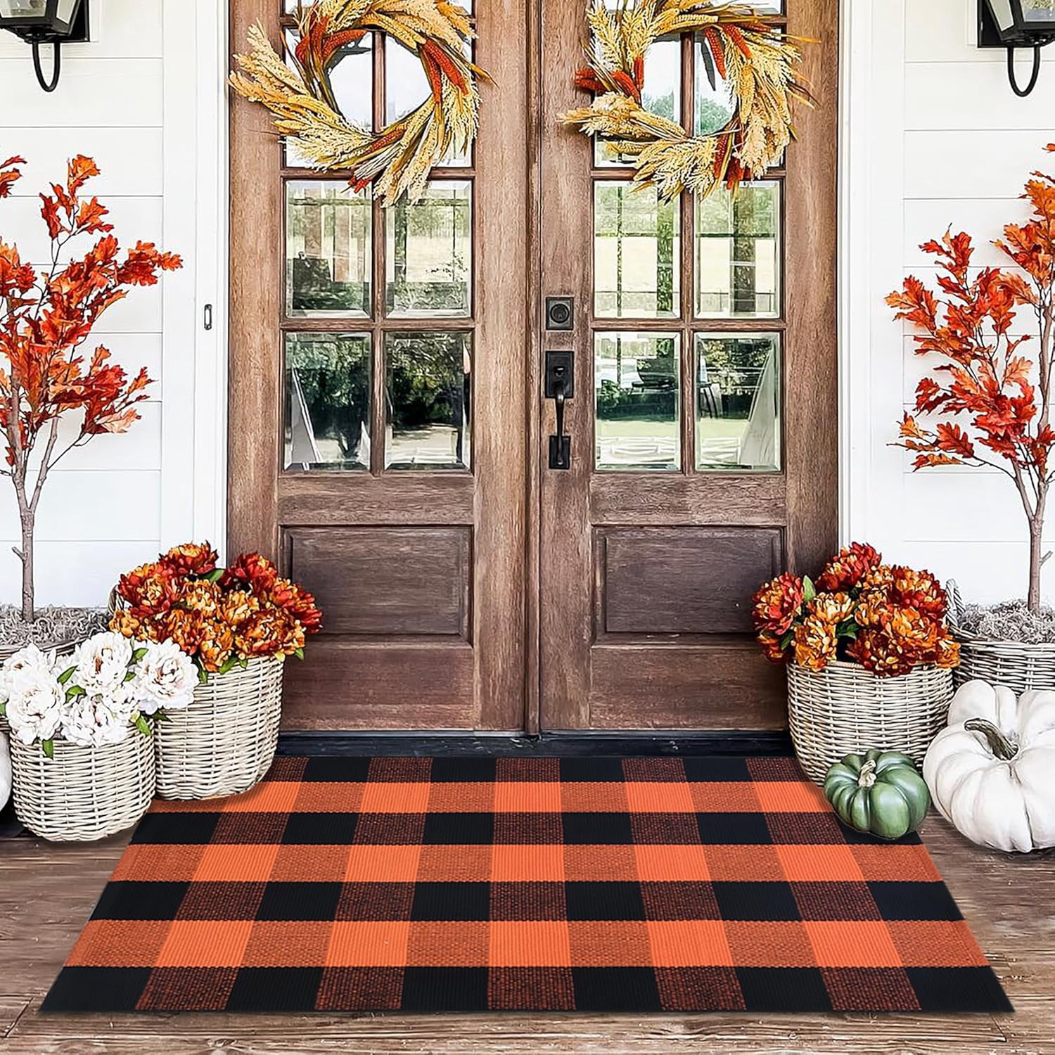 Sanmadrola Fall Outdoor Front Doormat Cotton Orange and Black Plaid Rug 27.6 x 43.3 Inches Decorative Door