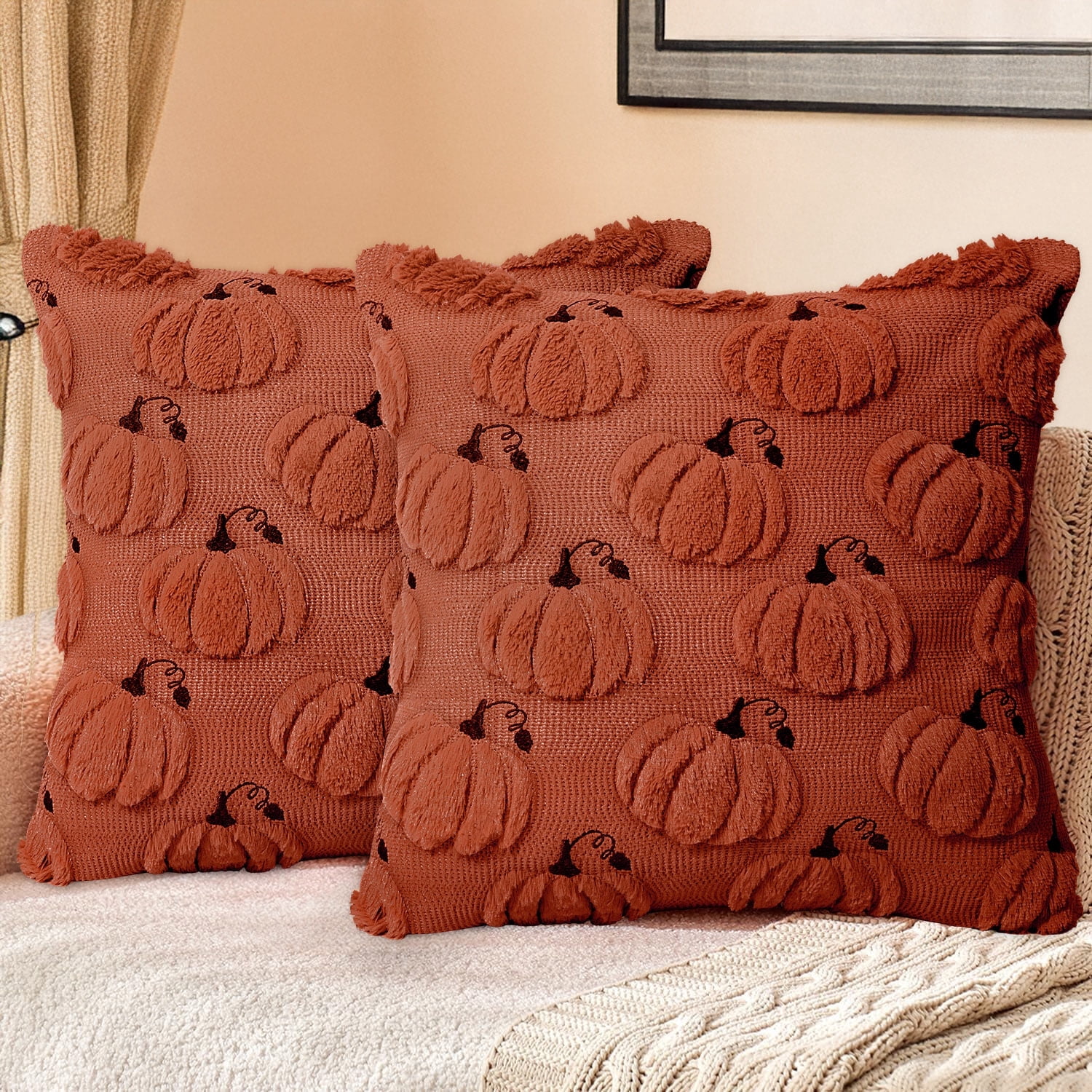 Sanmadrola Fall Pillow Covers Halloween Decoration Pumpkin Decorative Pillow Cases Couch Cushion Case for Chair Sofa Bedroom Living Room Home Decor 18''x 18'' 2 Pack Rust
