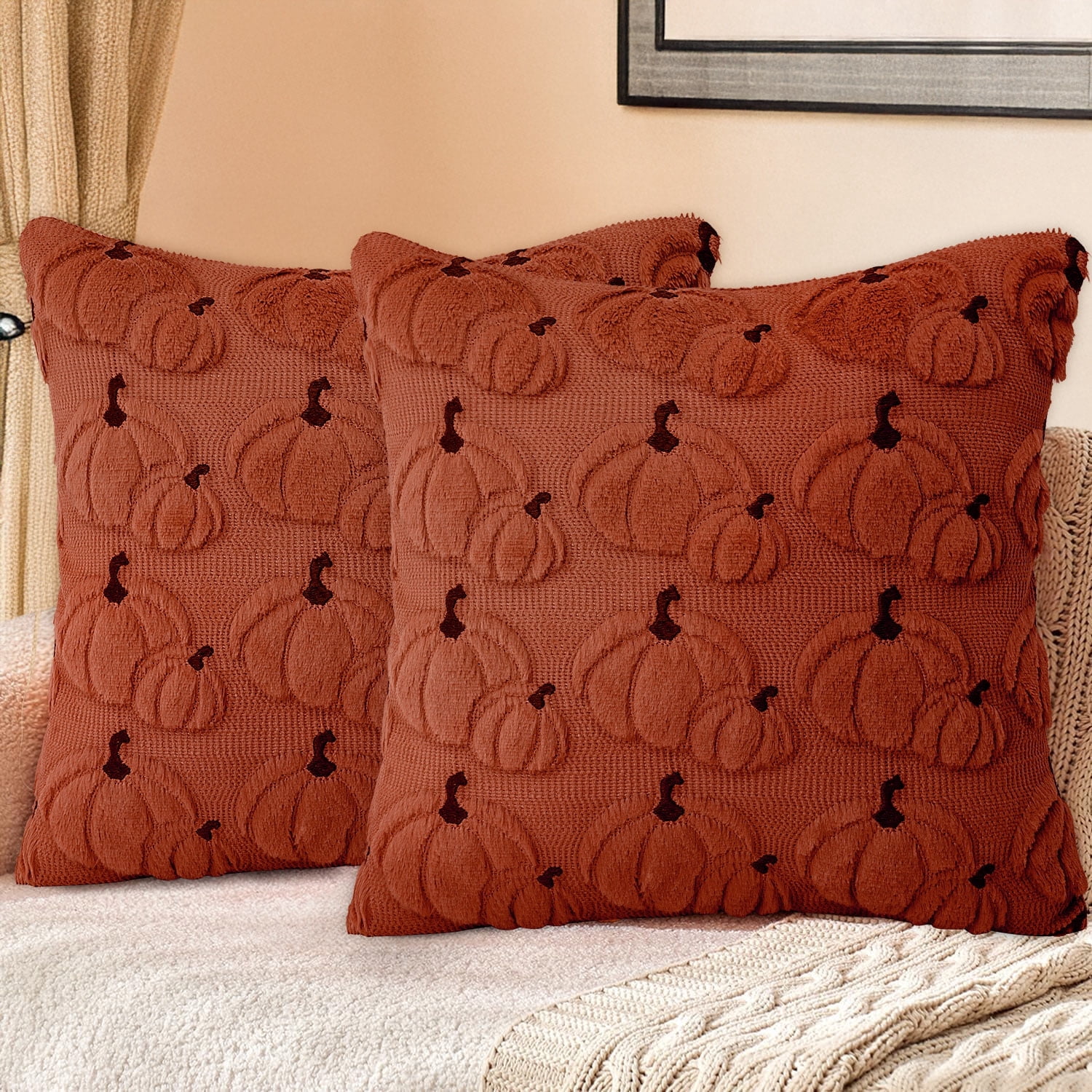 Sanmadrola Fall Pillow Covers Halloween Decoration Pumpkin Decorative Pillow Cases Couch Cushion Case for Chair Sofa Bedroom Living Room Home Decor 20''x 20'' 2 Pack Rust