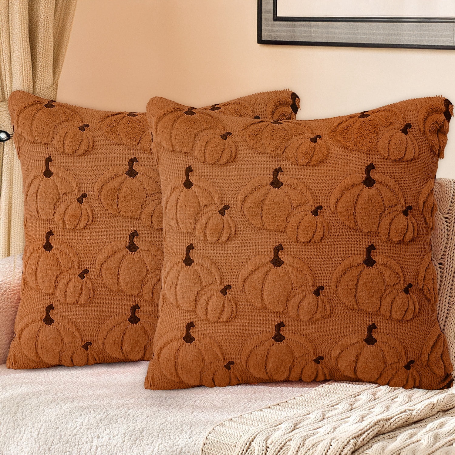 Sanmadrola Fall Pillow Covers Halloween Decoration Pumpkin Decorative Pillow Cases Couch Cushion Case for Chair Sofa Bedroom Living Room Home Decor 20''x 20'' 2 Pack Brown
