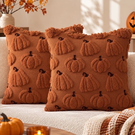 Sanmadrola Fall Pillow Covers 18x18 Throw Pillow Cases Set of 2 Halloween Thanksgiving Autumn Decorations Pumpkin Soft Plush Faux Fur Wool Couch Cushion Case for Sofa Bedroom Living Room Home Decor