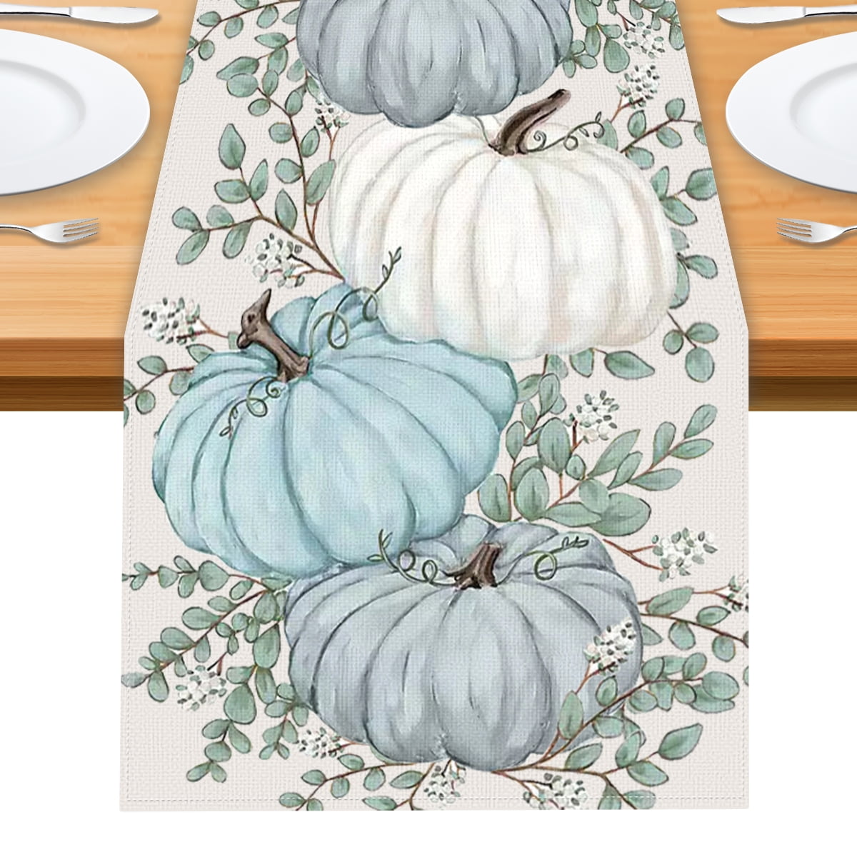 Sanmadrola Fall Table Runner Eucalyptus Leaves Pumpkins Table Runners ...