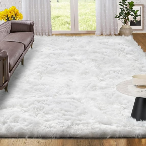 Sanmadrola Faux Sheepskin Area Rugs Fluffy Shaggy Rug Ultra Soft Faux Fur Carpets Rug Fluffy Washable Rug for Bedroom, Nursery Room,Luxury Living Room Decor White 6x9 Ft