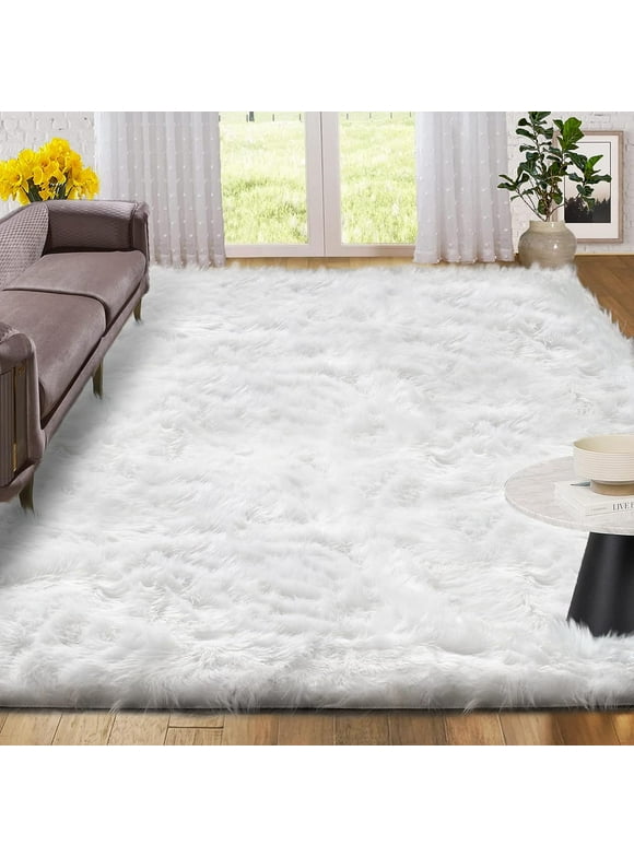 Sanmadrola Faux Sheepskin Area Rugs Fluffy Shaggy Rug Ultra Soft Faux Fur Carpets Rug Fluffy Washable Rug for Bedroom, Nursery Room,Luxury Living Room Decor White 4x6 Ft