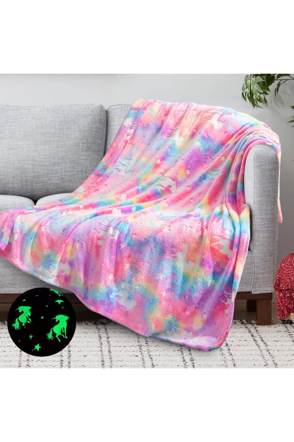 Glow in The Dark Blanket Unicorns Throw Blanket for Couch Bed Christmas Gifts for Girl Boys Soft Fuzzy Kids Flannel Blankets for Easter Birthday Valentines Gifts, 60 x 50in