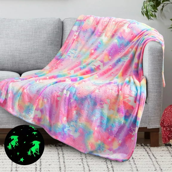 Sanmadrola Glow in The Dark Blanket Unicorns Throw Blanket for Couch Bed Christmas Gifts for Girl Boys Soft Fuzzy Kids Flannel Blankets for Easter Birthday Valentines Gifts, 80 x 60in