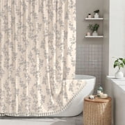 Sanmadrola Gray Shower Curtain Floral Plant Shower Curtain Set with Tassels, Heavy Duty Faux Cotton Linen Cottagecore Boho Vintage Rustic Shower Curtains with Hooks for Bathroom Decor, 72x72 in