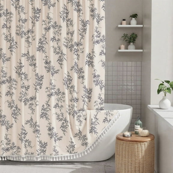 Sanmadrola Gray Shower Curtain Floral Plant Shower Curtain Set with Tassels, Heavy Duty Faux Cotton Linen Cottagecore Boho Vintage Rustic Shower Curtains with Hooks for Bathroom Decor, 72x72 in