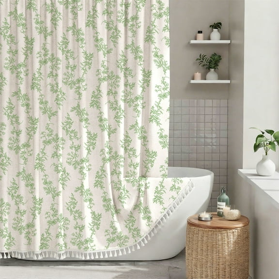 Sanmadrola Green Shower Curtain Floral Plant Shower Curtain Set with Tassels, Heavy Duty Faux Cotton Linen Cottagecore Boho Vintage Rustic Shower Curtains with Hooks for Bathroom Decor, 72x72 in