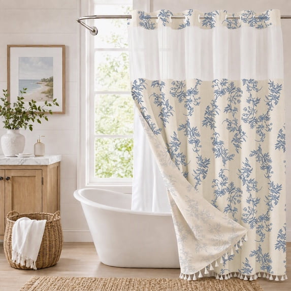 Sanmadrola No Hooks Floral Plant Shower Curtain with Snap-in Fabric Liner Set, Faux Cotton Linen, Perfect for Bathroom Hotel Luxury Decor, Washable Waterproof with Tassels and Sheer Window, 71Wx74H
