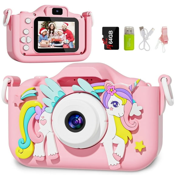 Inadays Kids Camera for Girls Boys 64GB 1080HD Selfie Digital Cameras Video Toddler Unicorn Toys Christmas Birthday Gift Age 3-10, Pink