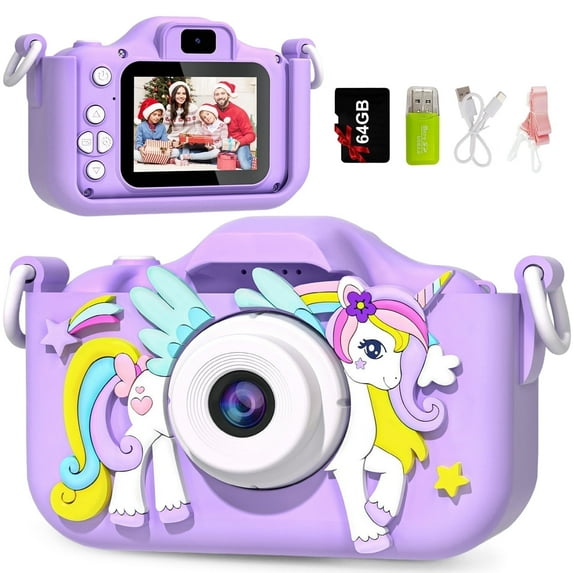 Inadays Kids Camera for Girls Boys 64GB 1080HD Selfie Digital Cameras Video Toddler Unicorn Toys Christmas Birthday Gift Age 3-10, Purple
