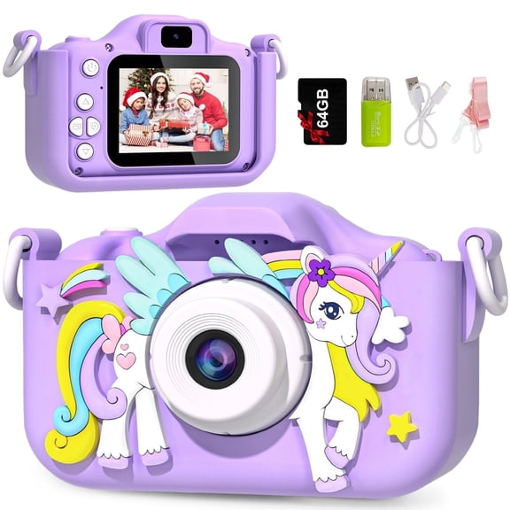 Inadays Kids Camera for Girls Boys 64GB 1080HD Selfie Digital Cameras Video Toddler Unicorn Toys Christmas Birthday Gift Age 3-10, Purple