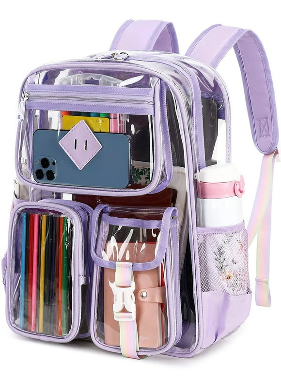 Sanmadrola Large Clear Backpack Heavy Duty Stadium Approved Girls Backpack Waterproof Pvc Transparent Backpacks for Girls Clear Bag with Reinforced Strap for School Work Travel Festival, Purple