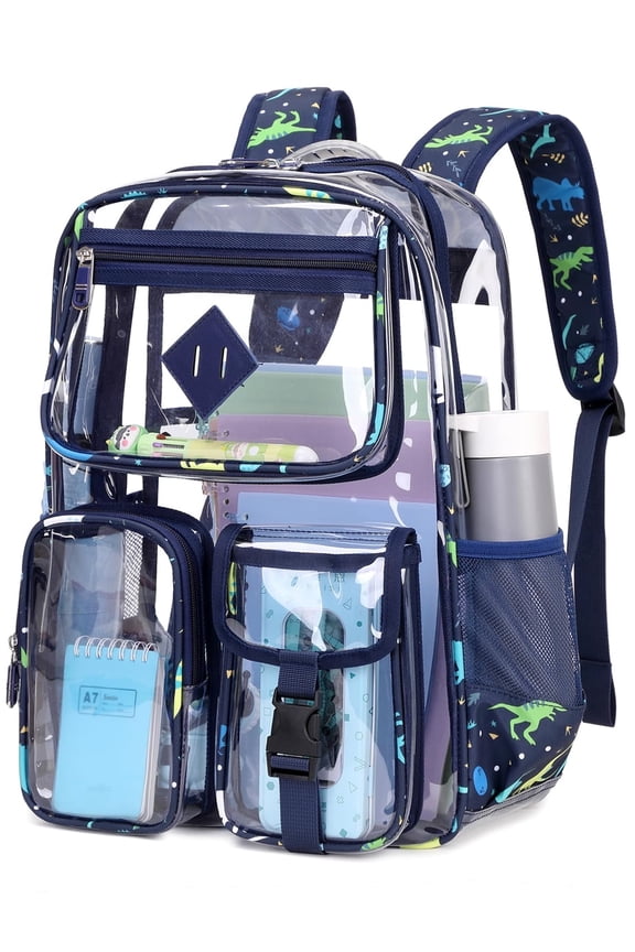 Large Clear Backpack Heavy Duty Stadium Approved See Through Backpack Waterproof PVC Transparent Backpacks Clear Book Bag with Reinforced Strap for School Work Travel, Navy Dinosaur
