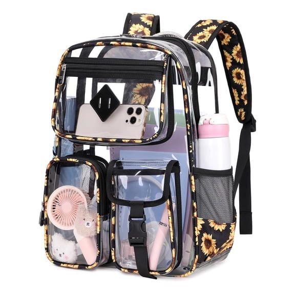 Sanmadrola Large Clear Backpack Heavy Duty Stadium Approved See Through Backpack Waterproof PVC Transparent Backpacks Clear Book Bag with Reinforced Strap for School Work Travel, Black Daisy