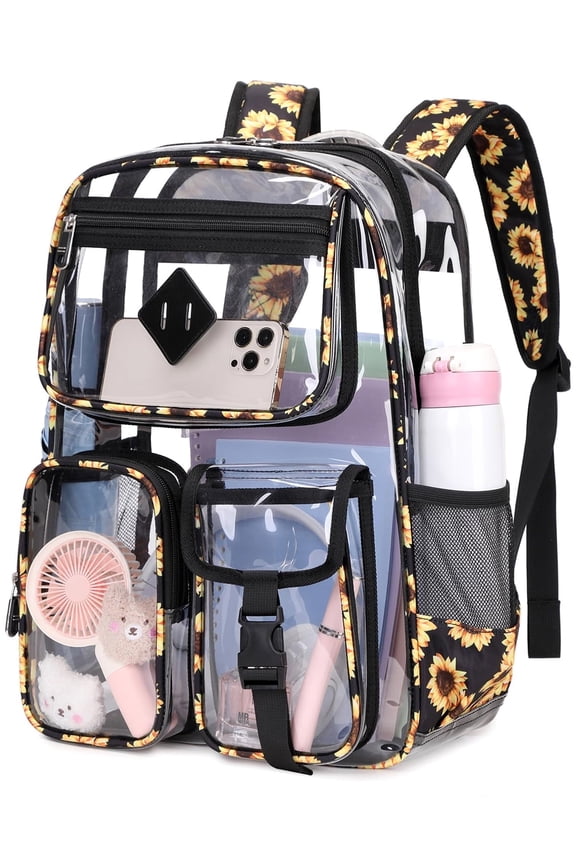 Large Clear Backpack Heavy Duty Stadium Approved See Through Backpack Waterproof PVC Transparent Backpacks Clear Book Bag with Reinforced Strap for School Work Travel, Black Daisy