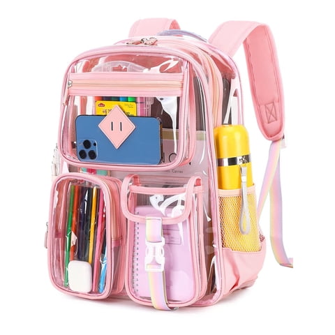 Large Clear Backpack Heavy Duty Stadium Approved See Through Backpack Waterproof PVC Transparent Backpacks Clear Book Bag with Reinforced Strap for School Work Travel Festival, Pink