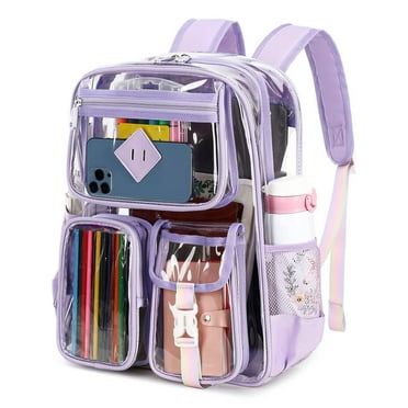 Sanmadrola Large Clear Backpack Heavy Duty Stadium Approved See Through Backpack Waterproof PVC Transparent Backpacks Clear Book Bag with Reinforced Strap for School Work Travel Festival, Purple