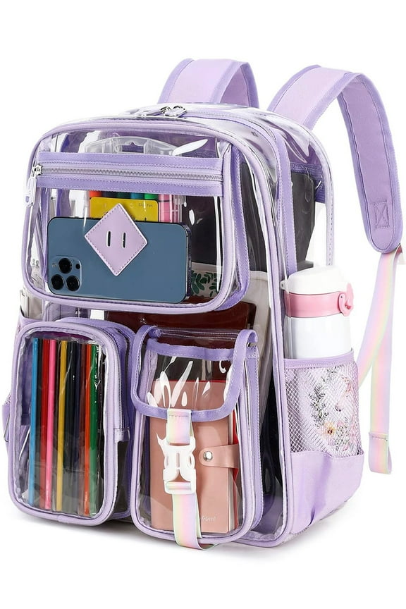 Large Clear Backpack Heavy Duty Stadium Approved See Through Backpack Waterproof PVC Transparent Backpacks Clear Book Bag with Reinforced Strap for School Work Travel Festival, Purple