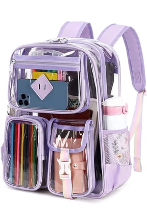 Large Clear Backpack Heavy Duty Stadium Approved See Through Backpack Waterproof PVC Transparent Backpacks Clear Book Bag with Reinforced Strap for School Work Travel Festival, Purple