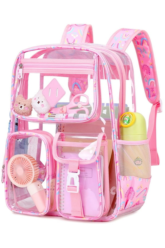 Large Clear Backpack Heavy Duty Stadium Approved See Through Backpack Waterproof PVC Transparent Backpacks Clear Book Bag with Reinforced Strap for School Work Travel, Pink Rainbow