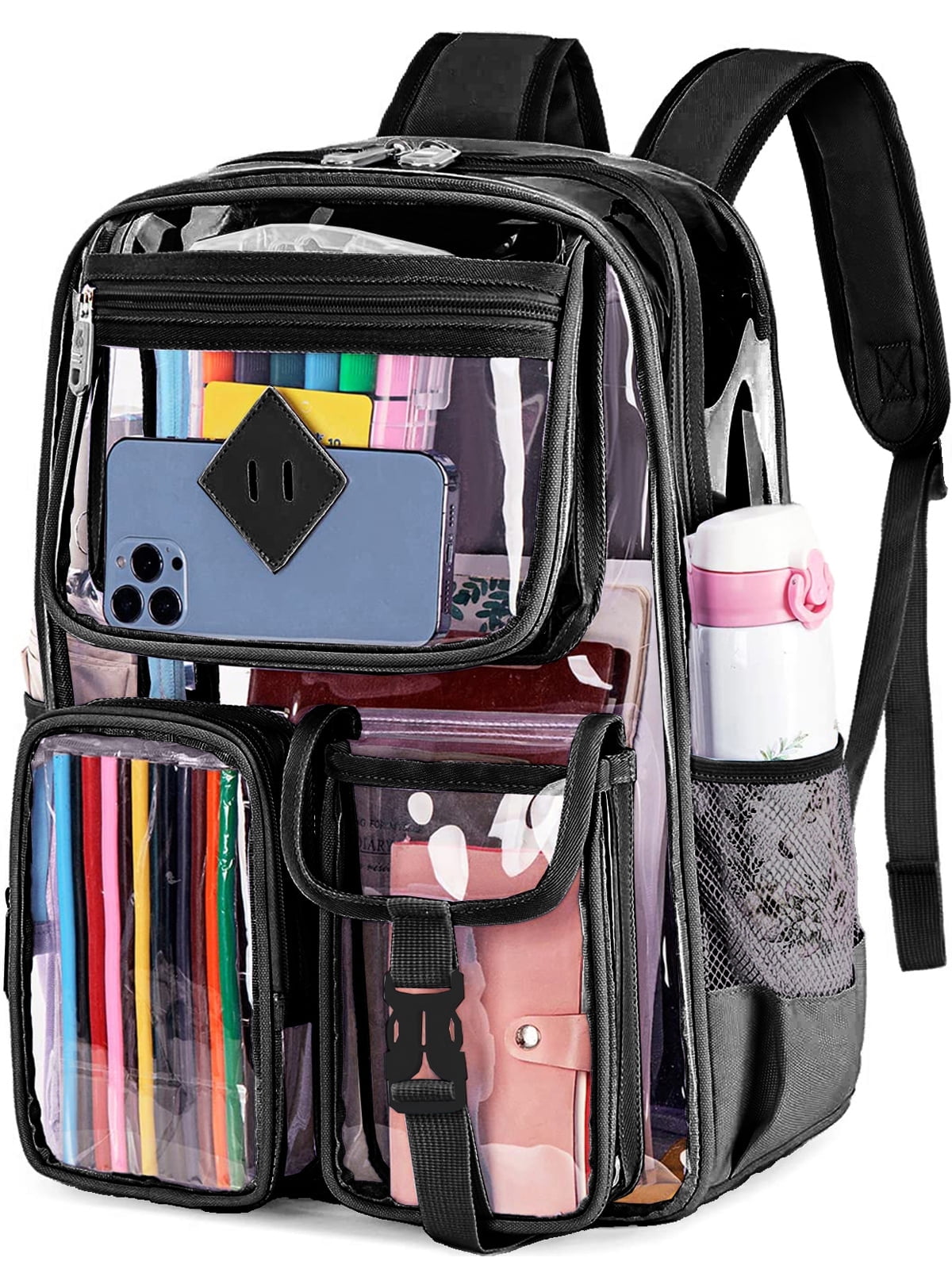 Sanmadrola Large Clear Backpack Heavy Duty Stadium Approved See Through Backpack Waterproof PVC Transparent Backpacks Clear Book Bag with Reinforced Strap for School Work Travel Festival, Black