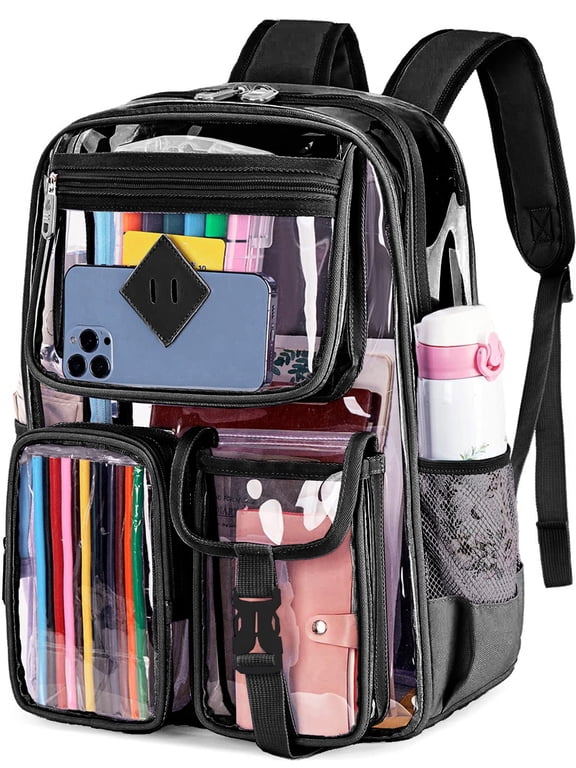 Large Clear Backpack Heavy Duty Stadium Approved See Through Backpack Waterproof PVC Transparent Backpacks Clear Book Bag with Reinforced Strap for School Work Travel Festival, Black