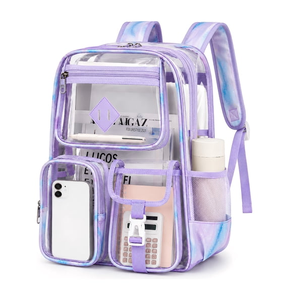 Sanmadrola Large Clear Backpack Heavy Duty Stadium Approved See Through Backpack Waterproof PVC Transparent Backpacks Clear Book Bag with Reinforced Strap for School Work Travel Festival, Purle Blue