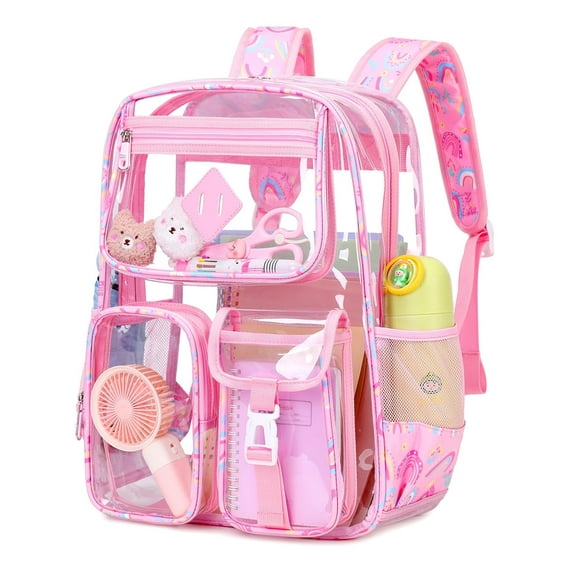 Sanmadrola Large Clear Backpack Heavy Duty Stadium Approved See Through Backpack Waterproof PVC Transparent Backpacks Clear Book Bag with Reinforced Strap for School Work Travel, Pink Rainbow