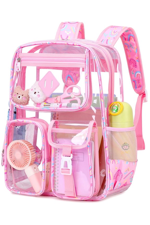 Large Clear Backpack Heavy Duty Stadium Approved See Through Backpack Waterproof PVC Transparent Backpacks Clear Book Bag with Reinforced Strap for School Work Travel, Pink Rainbow