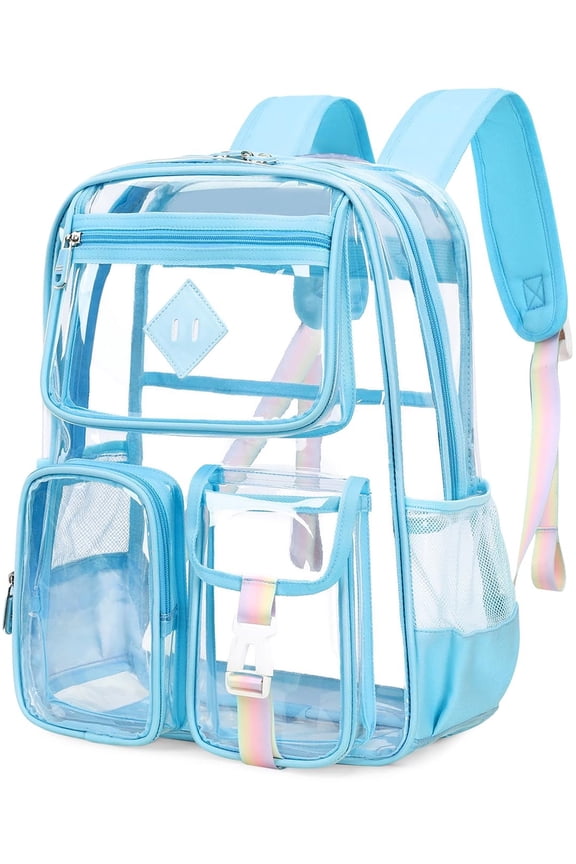 Large Clear Backpack Heavy Duty Stadium Approved See Through Backpack Waterproof PVC Transparent Backpacks Clear Book Bag with Reinforced Strap for School Work Travel Festival, Blue