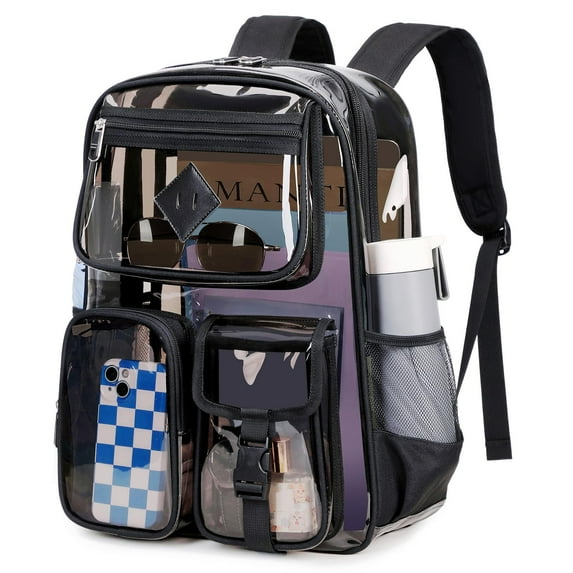 Sanmadrola Large Clear Backpack Heavy Duty Stadium Approved See Through Backpack Waterproof PVC Transparent Backpacks Clear Book Bag with Reinforced Strap for School Work Travel, Black PVC
