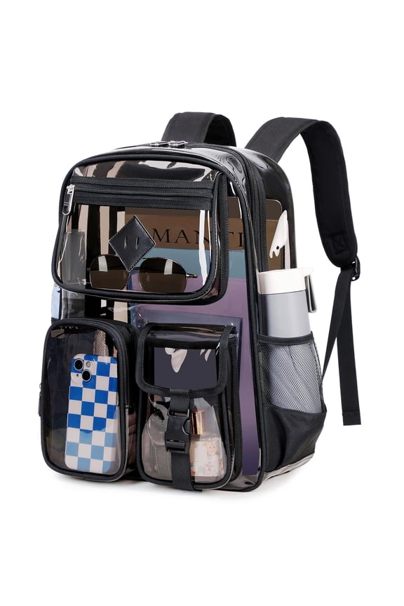 Large Clear Backpack Heavy Duty Stadium Approved See Through Backpack Waterproof PVC Transparent Backpacks Clear Book Bag with Reinforced Strap for School Work Travel, Black PVC